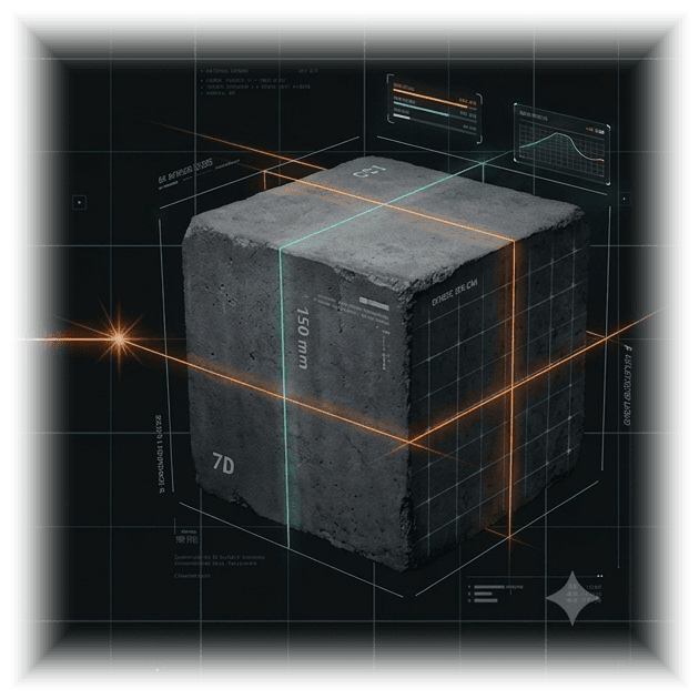 ConcreteIQ 150mm Concrete Test Cube Block with CAD HUD and Laser Telemetry